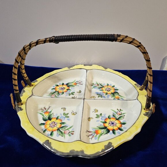 Vintage Ceramic Divided Serving Dish With Floral Design & Wicker Handle - Picture 2 of 16